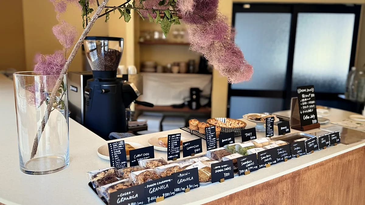 スモークツリーが飾られたBISOUのカウンター。奥にコーヒーミルと焼き菓子が並ぶ