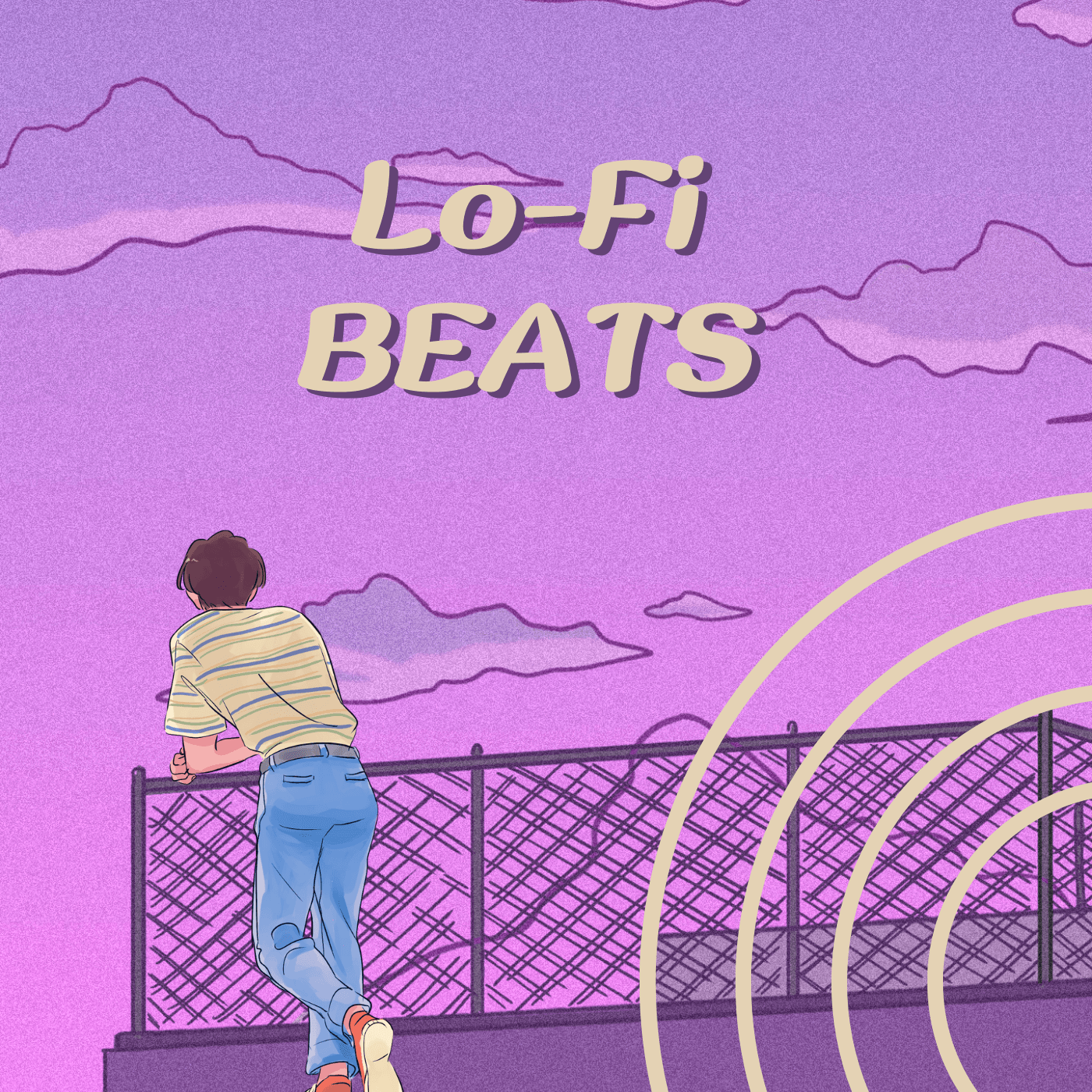 BGM Pro「Lo-Fi BEATS」プレイリストのカバー。紫とピンクの夕焼け空を眺める人物のイラスト。