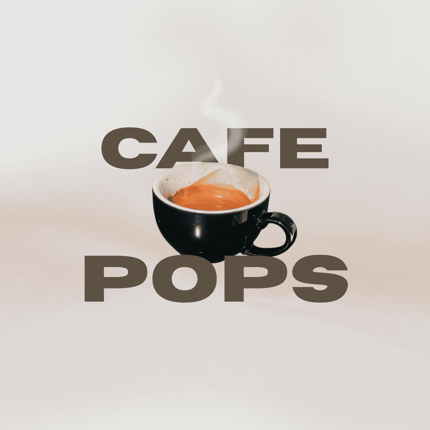BGM Pro「CAFE POPS」プレイリストのカバー。ベージュ背景に湯気の立つ黒いマグカップのコーヒー。